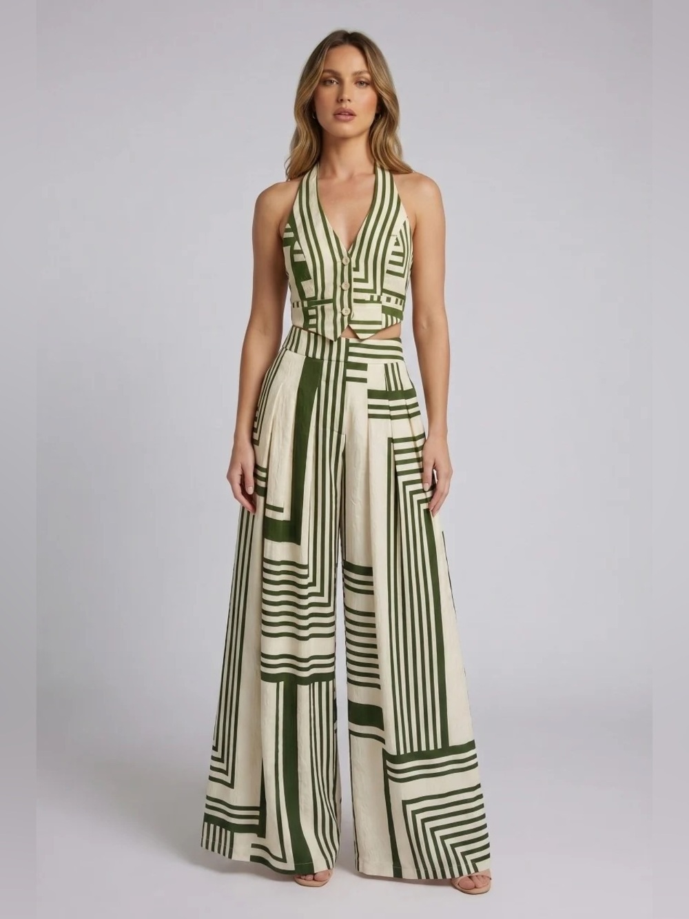 NWT Miss Avenue 2-Piece Green & Cream Geometric Halter Vest and Wide-Leg Pants